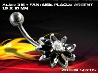 lot de 3 bananes 1.6 x 10 - acier 316 + fantaisie plaque argent 3 microns - top qualite - zircon sertis noir