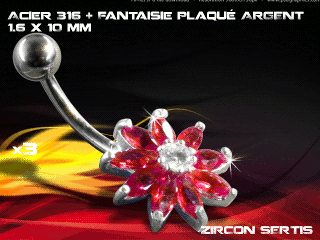 lot de 3 bananes 1.6 x 10 - acier 316 + fantaisie plaque argent 3 microns - top qualite - zircon sertis rouge vif