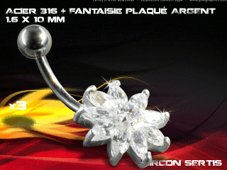 lot de 3 bananes 1.6 x 10 - acier 316 + fantaisie plaque argent 3 microns - top qualite - zircon sertis cristal