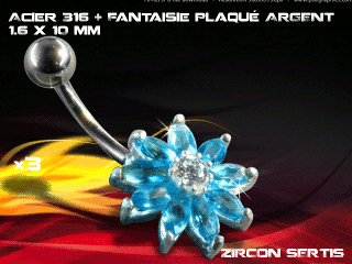 lot de 3 bananes 1.6 x 10 - acier 316 + fantaisie plaque argent 3 microns - top qualite - zircon sertis bleu ciel