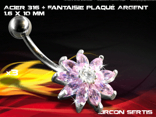 lot de 3 bananes 1.6 x 10 - acier 316 + fantaisie plaque argent 3 microns - top qualite - zircon sertis rose