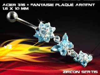lot de 3 bananes 1.6 x 10 - acier 316 + fantaisie plaque argent 3 microns - top qualite - zircon sertis bleu ciel