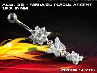 lot de 3 bananes 1.6 x 10 - acier 316 + fantaisie plaque argent 3 microns - top qualite - zircon sertis cristal