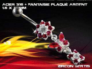 lot de 3 bananes 1.6 x 10 - acier 316 + fantaisie plaque argent 3 microns - top qualite - zircon sertis rouge vif