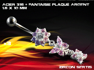 lot de 3 bananes 1.6 x 10 - acier 316 + fantaisie plaque argent 3 microns - top qualite - zircon sertis rose