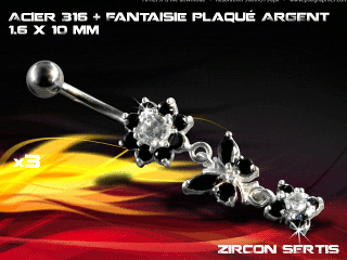 lot de 3 bananes 1.6 x 10 - acier 316 + fantaisie plaque argent 3 microns - top qualite - zircon sertis noir