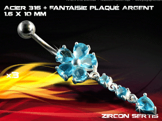 lot de 3 bananes 1.6 x 10 - acier 316 + fantaisie plaque argent 3 microns - top qualite - zircon sertis bleu ciel