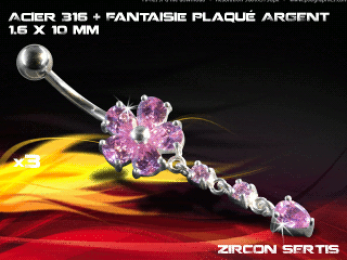 lot de 3 bananes 1.6 x 10 - acier 316 + fantaisie plaque argent 3 microns - top qualite - zircon sertis rose