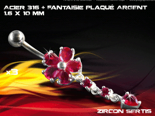 lot de 3 bananes 1.6 x 10 - acier 316 + fantaisie plaque argent 3 microns - top qualite - zircon sertis rouge vif