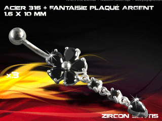 lot de 3 bananes 1.6 x 10 - acier 316 + fantaisie plaque argent 3 microns - top qualite - zircon sertis noir