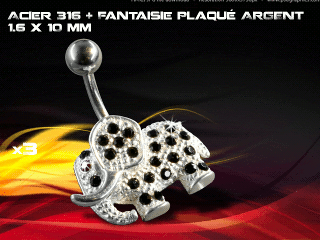 lot de 3 bananes 1.6 x 10 - acier 316 + fantaisie plaque argent 3 microns - top qualite - zircon noir