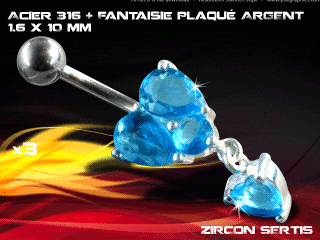 lot de 3 bananes 1.6 x 10 - acier 316 + fantaisie plaque argent 3 microns - top qualite - zircon sertis bleu ciel