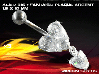 lot de 3 bananes 1.6 x 10 - acier 316 + fantaisie plaque argent 3 microns - top qualite - zircon sertis cristal