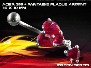 lot de 3 bananes 1.6 x 10 - acier 316 + fantaisie plaque argent 3 microns - top qualite - zircon sertis rouge