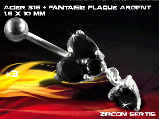 lot de 3 bananes 1.6 x 10 - acier 316 + fantaisie plaque argent 3 microns - top qualite - zircon sertis noir