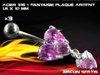 lot de 3 bananes 1.6 x 10 - acier 316 + fantaisie plaque argent 3 microns - top qualite - zircon sertis rose