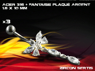 lot de 3 bananes 1.6 x 10 - acier 316 + fantaisie plaque argent 3 microns - top qualite - zircon sertis cristal