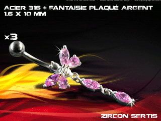 lot de 3 bananes 1.6 x 10 - acier 316 + fantaisie plaque argent 3 microns - top qualite - zircon sertis rose