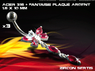 lot de 3 bananes 1.6 x 10 - acier 316 + fantaisie plaque argent 3 microns - top qualite - zircon sertis rouge