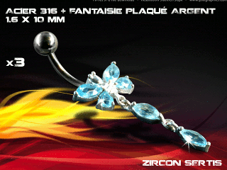 lot de 3 bananes 1.6 x 10 - acier 316 + fantaisie plaque argent 3 microns - top qualite - zircon sertis ciel