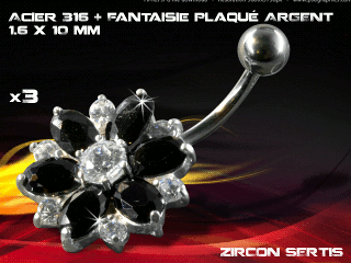 lot de 3 bananes 1.6 x 10 - acier 316 + fantaisie plaque argent 3 microns - top qualite - zircon sertis noir