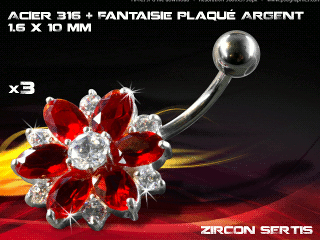 lot de 3 bananes 1.6 x 10 - acier 316 + fantaisie plaque argent 3 microns - top qualite - zircon sertis rouge vif