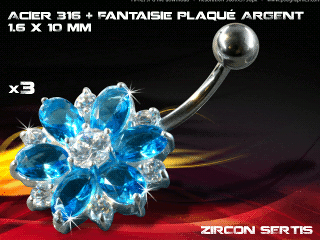 lot de 3 bananes 1.6 x 10 - acier 316 + fantaisie plaque argent 3 microns - top qualite - zircon sertis ciel