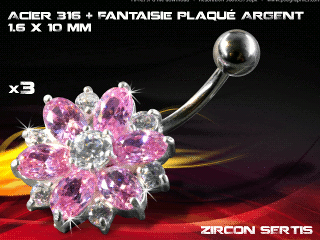 lot de 3 bananes 1.6 x 10 - acier 316 + fantaisie plaque argent 3 microns - top qualite - zircon sertis rose