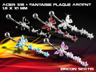 lot de 5 bananes 1.6 x 10 - acier 316 + fantaisie plaque argent 3 microns - top qualite - zircon sertis