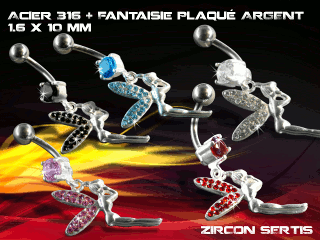 lot de 5 bananes 1.6 x 10 - acier 316 + fantaisie plaque argent 3 microns - top qualite - zircon sertis