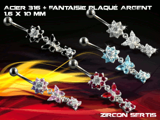 lot de 5 bananes 1.6 x 10 - acier 316 + fantaisie plaque argent 3 microns - top qualite - zircon sertis