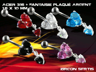 lot de 5 bananes 1.6 x 10 - acier 316 + fantaisie plaque argent 3 microns - top qualite - zircon sertis
