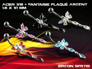 lot de 5 bananes 1.6 x 10 - acier 316 + fantaisie plaque argent 3 microns - top qualite - zircon sertis