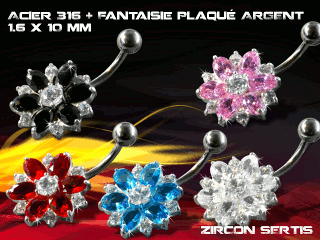 lot de 5 bananes 1.6 x 10 - acier 316 + fantaisie plaque argent 3 microns - top qualite - zircon sertis