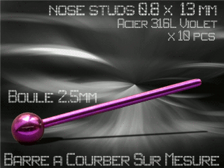 lot de 10 nose studs acier 316 l violet - 0.8 x 13 mm - a courber sur mesure - boule 2.5 mm