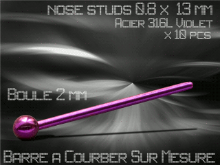 lot de 10 nose studs acier 316 l violet - 0.8 x 13 mm - a courber sur mesure - boule 2.0 mm