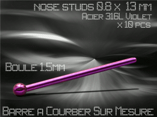 lot de 10 nose studs acier 316 l violet - 0.8 x 13 mm - a courber sur mesure - boule 1.5 mm