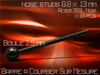 lot de 10 nose studs acier 316 l noir - 0.8 x 13 mm - a courber sur mesure - boule 2.5 mm