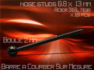 lot de 10 nose studs acier 316 l noir - 0.8 x 13 mm - a courber sur mesure - boule 2.0 mm