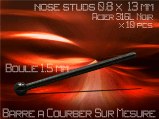 lot de 10 nose studs acier 316 l noir - 0.8 x 13 mm - a courber sur mesure - boule 1.5 mm