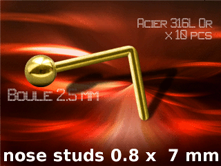 lot de 10 nose studs acier 316 l or - 0.8 x 7 mm - boule 2.5 mm