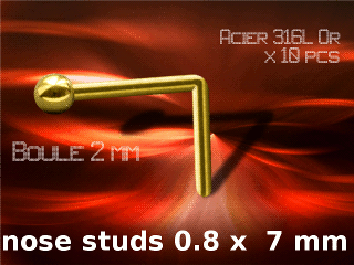 lot de 10 nose studs acier 316 l or - 0.8 x 7 mm - boule 2.0 mm