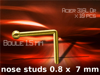 lot de 10 nose studs acier 316 l or - 0.8 x 7 mm - boule 1.5 mm