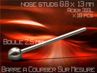lot de 10 nose studs acier 316 l - 0.8 x 13 mm - a courber sur mesure - boule 2.5 mm