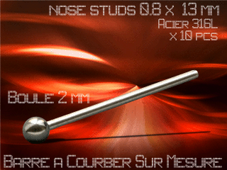 lot de 10 nose studs acier 316 l - 0.8 x 13 mm - a courber sur mesure - boule 2.0 mm