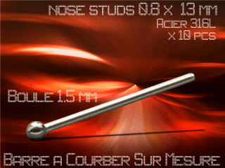 lot de 10 nose studs acier 316 l - 0.8 x 13 mm - a courber sur mesure - boule 1.5 mm