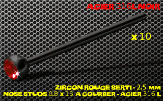 lot de 10 nose studs acier 316 l noir - 0.8 x 13 mm - a courber sur mesure - boule 2.5 mm - zircon rouge serti