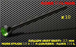 lot de 10 nose studs acier 316 l noir- 0.8 x 13 mm - a courber sur mesure - boule 2.5 mm - zircon vert serti