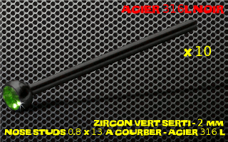 lot de 10 nose studs acier 316 l noir- 0.8 x 13 mm - a courber sur mesure - boule 2 mm - zircon vert serti