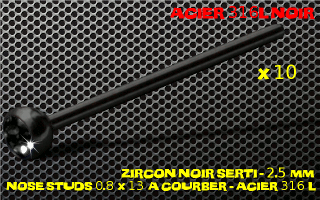 lot de 10 nose studs acier 316 l noir- 0.8 x 13 mm - a courber sur mesure - boule 2.5 mm - zircon noir serti
